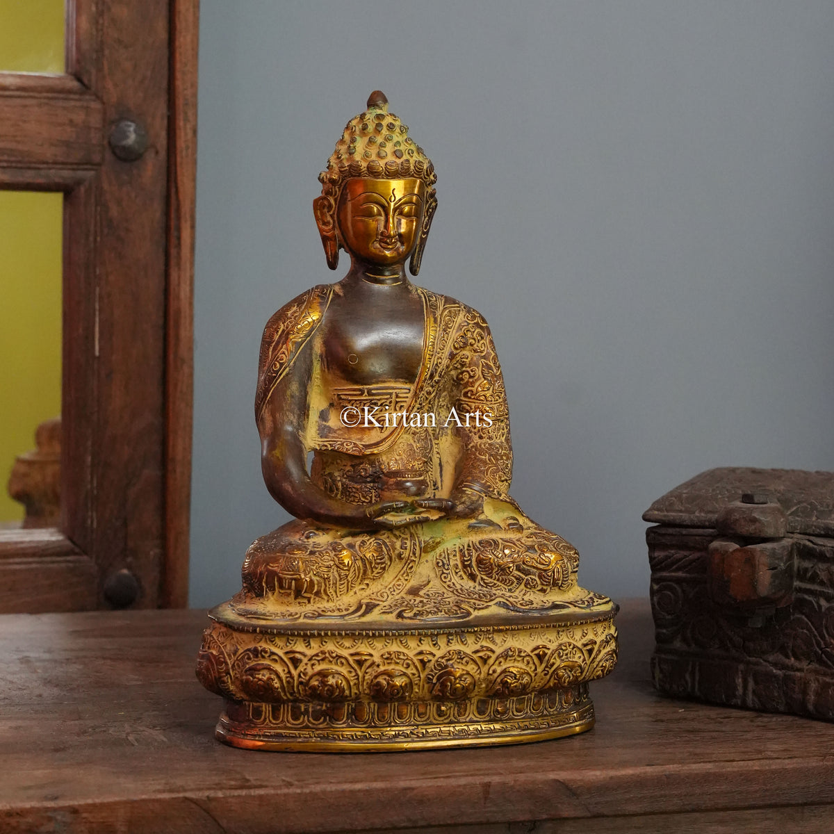 Grand Narrative Brass Buddha with Life-Story Engravings 13"