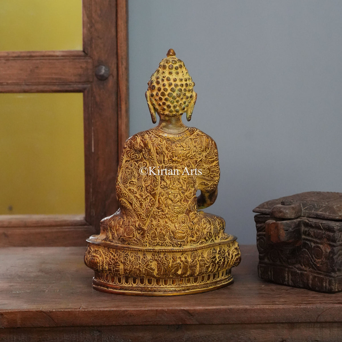 Grand Narrative Brass Buddha with Life-Story Engravings 13"