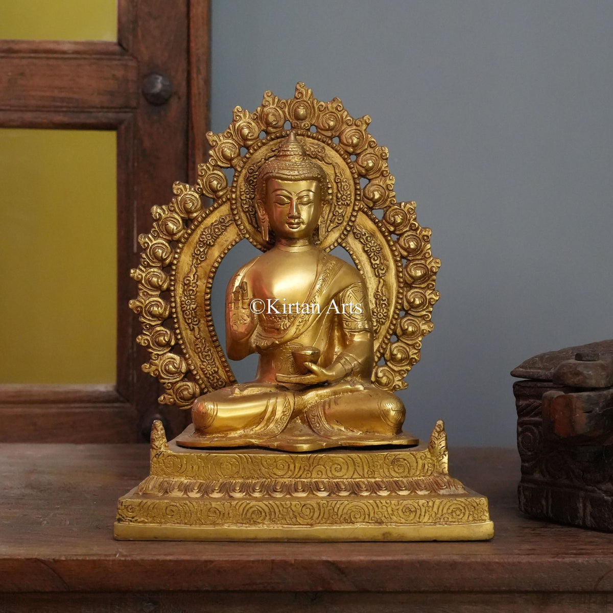 Radiant Gold Brass Buddha with Scrolled Flame Aureole 11.5"