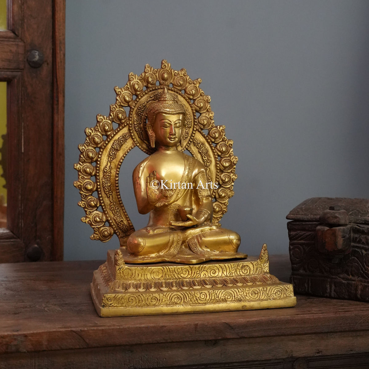 Radiant Gold Brass Buddha with Scrolled Flame Aureole 11.5"