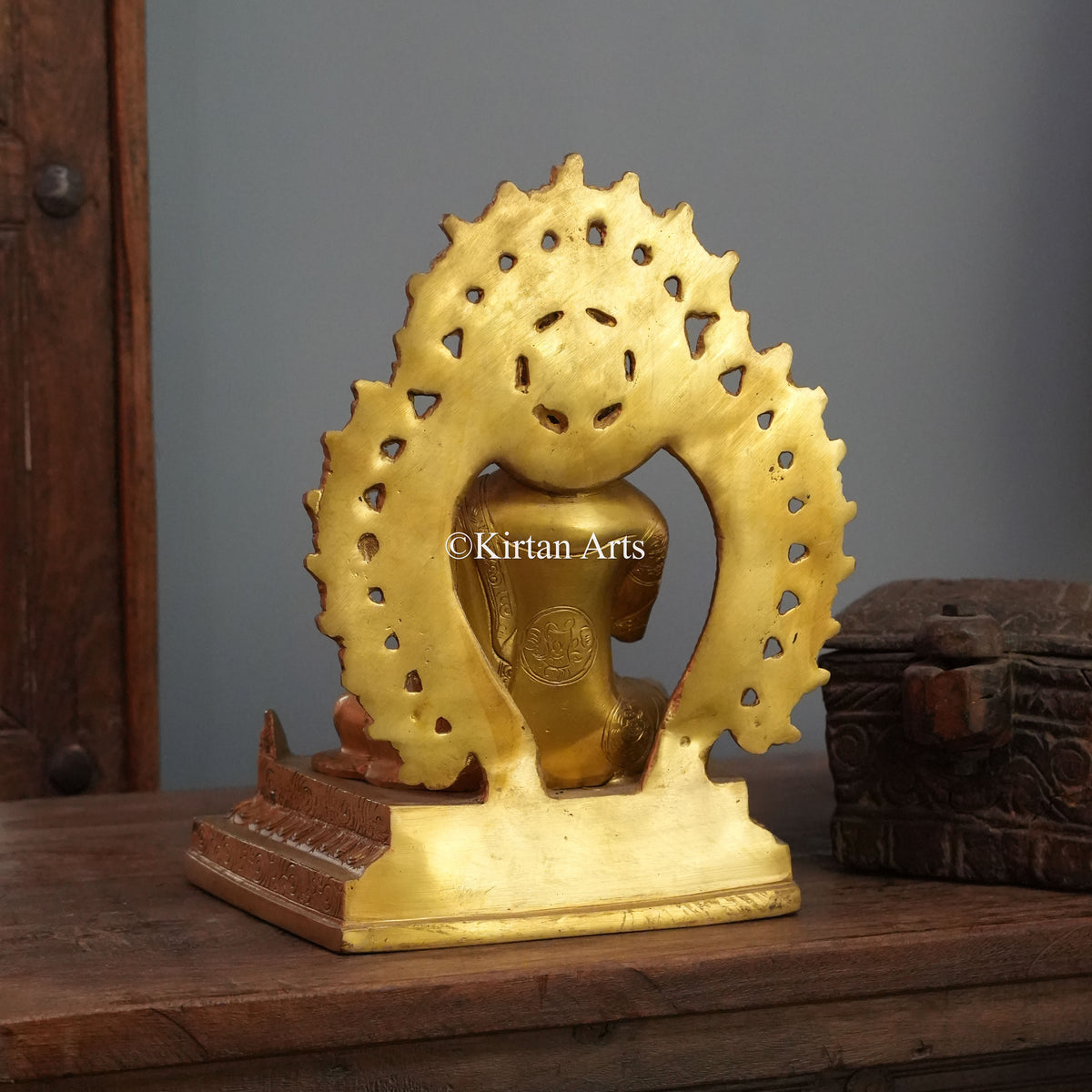 Radiant Gold Brass Buddha with Scrolled Flame Aureole 11.5"