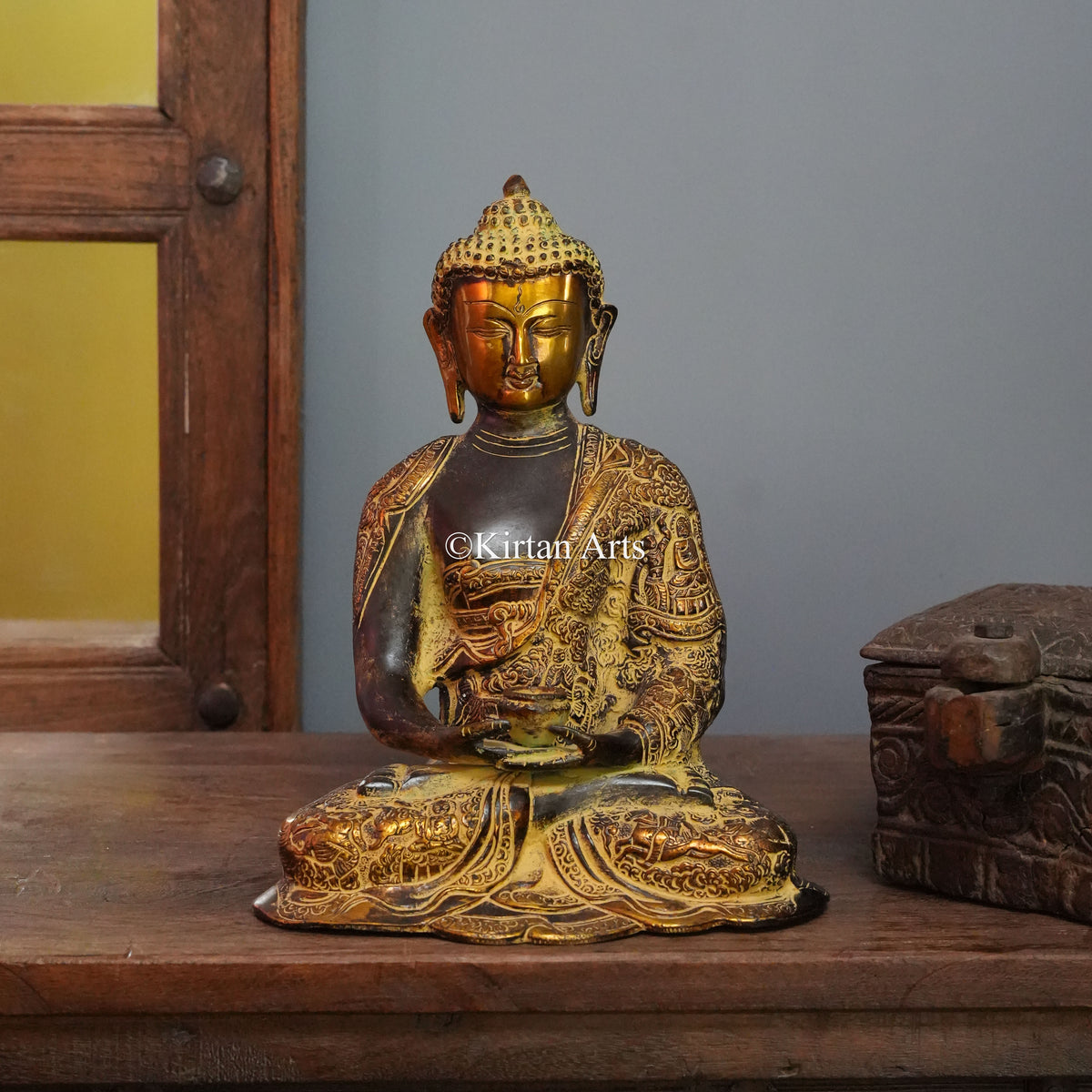 Antique Narrative Brass Buddha with Golden Face 12"