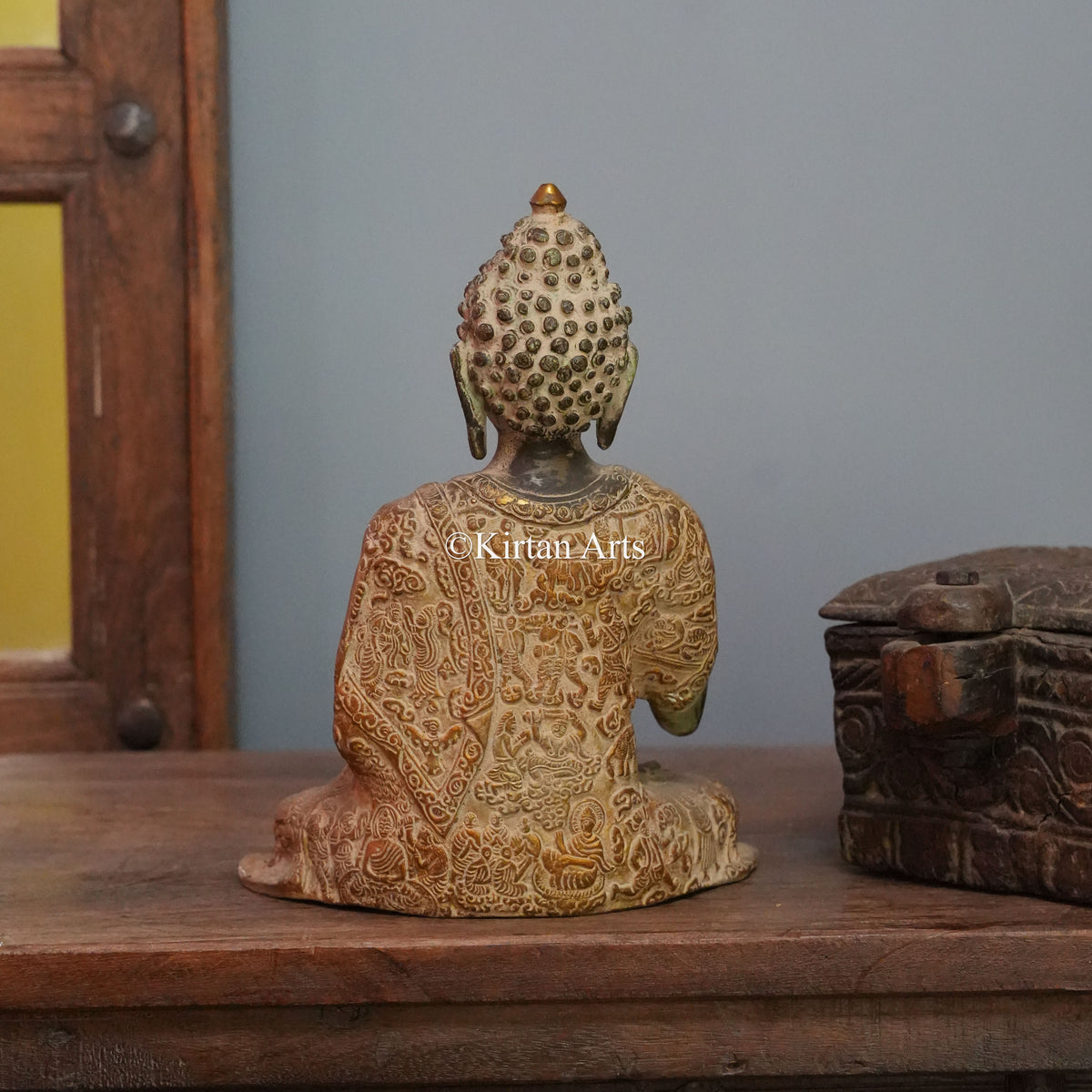 Weathered Brass Buddha with Narrative Engraving 10"