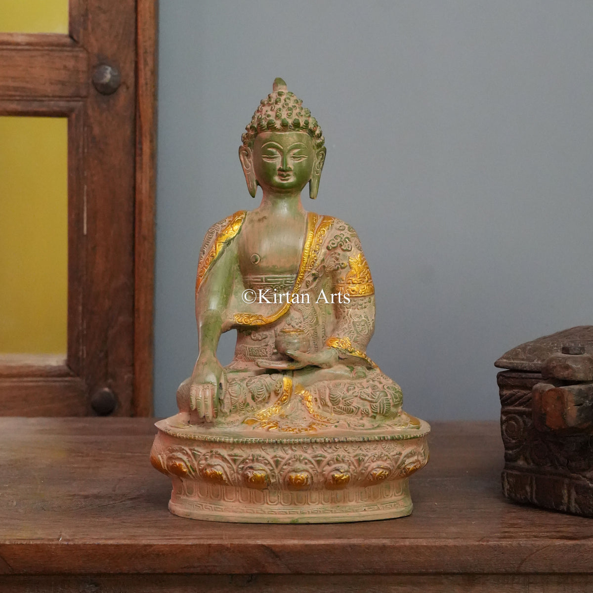 Sage Green Buddha with Gilded Robe Trim 12"