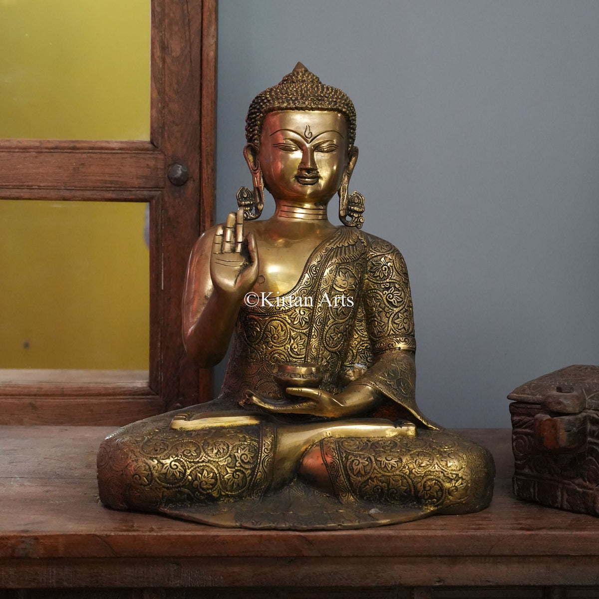 Grand Polished Gold Brass Buddha with Vine-Scroll Robe 16.5"
