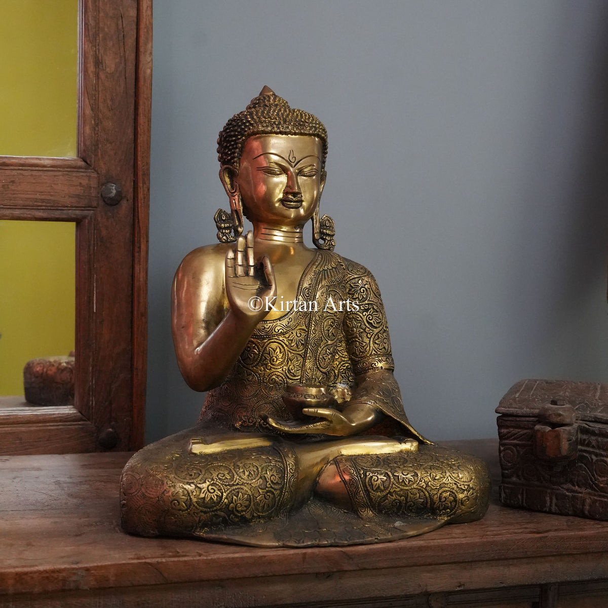 Grand Polished Gold Brass Buddha with Vine-Scroll Robe 16.5"