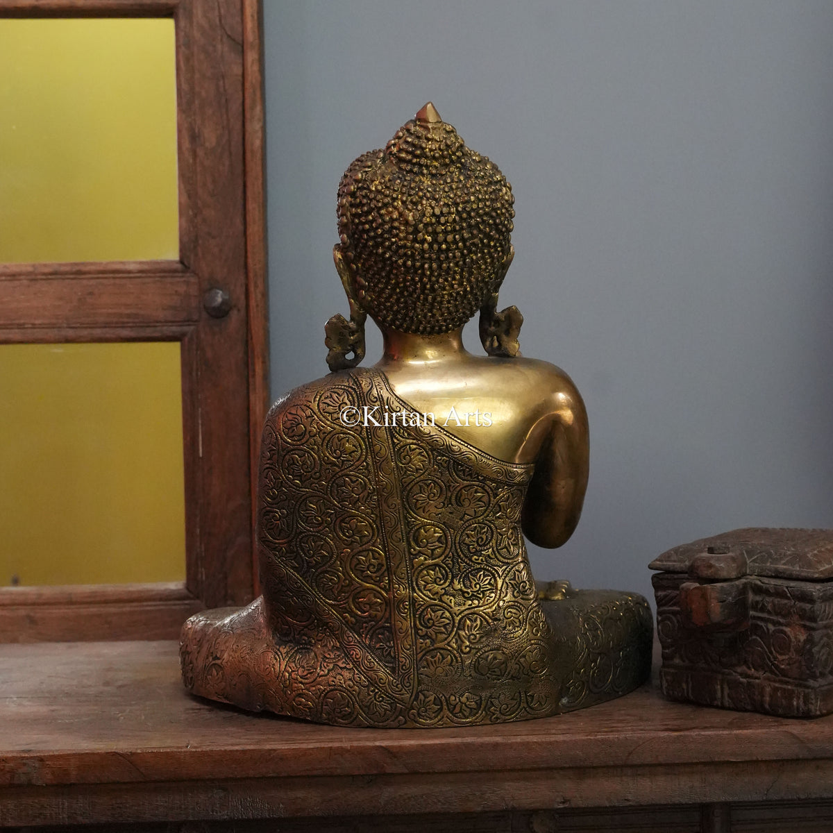 Grand Polished Gold Brass Buddha with Vine-Scroll Robe 16.5"