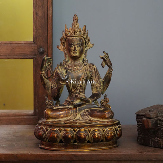 Four-Armed Crowned Brass Bodhisattva in Antique Bronze Finish 16.5"