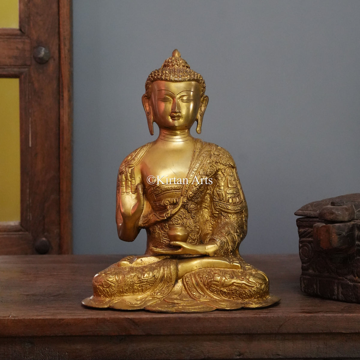 Polished Gold Brass Buddha with Vitarka Mudra and Narrative Robe 11.5"