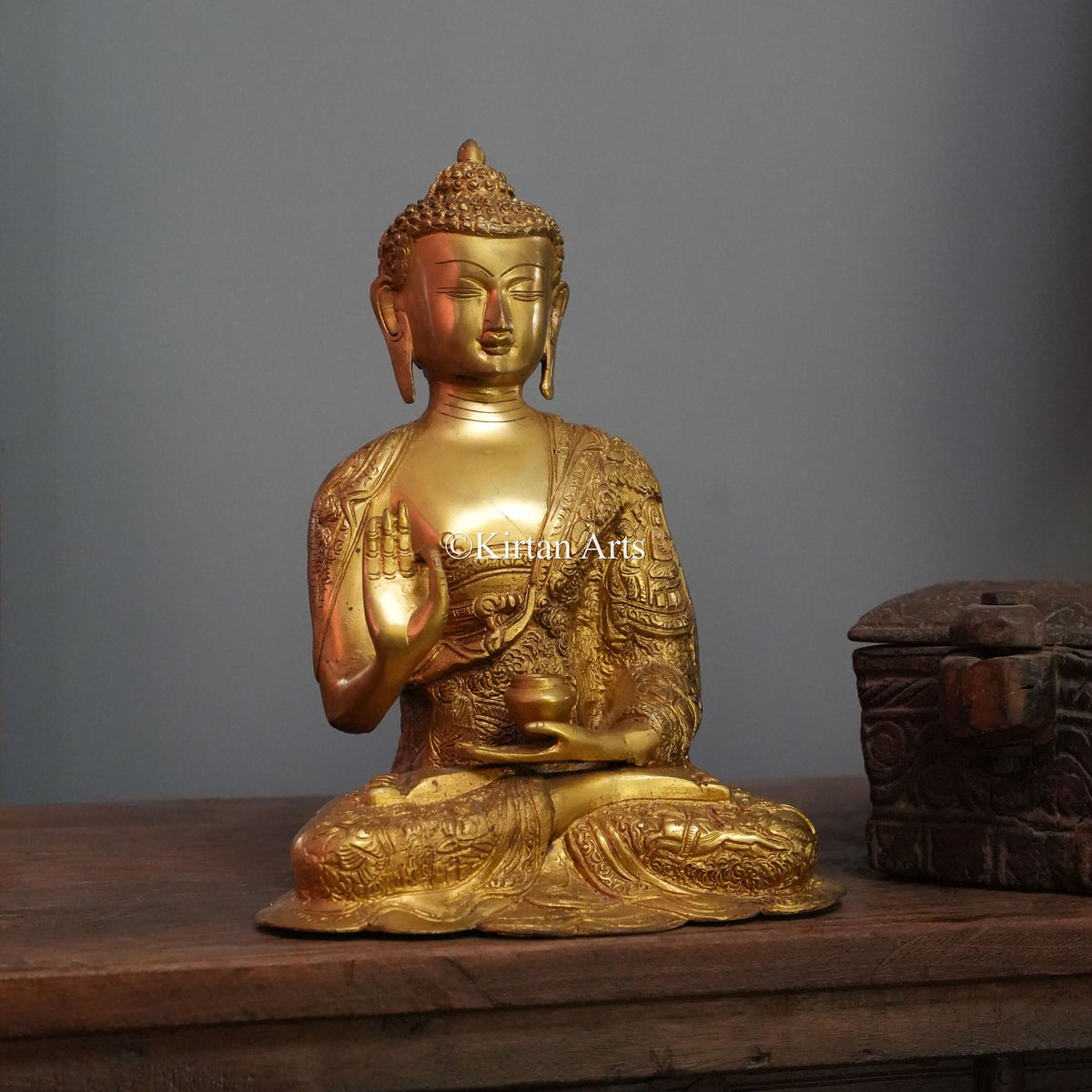 Polished Gold Brass Buddha with Vitarka Mudra and Narrative Robe 11.5"