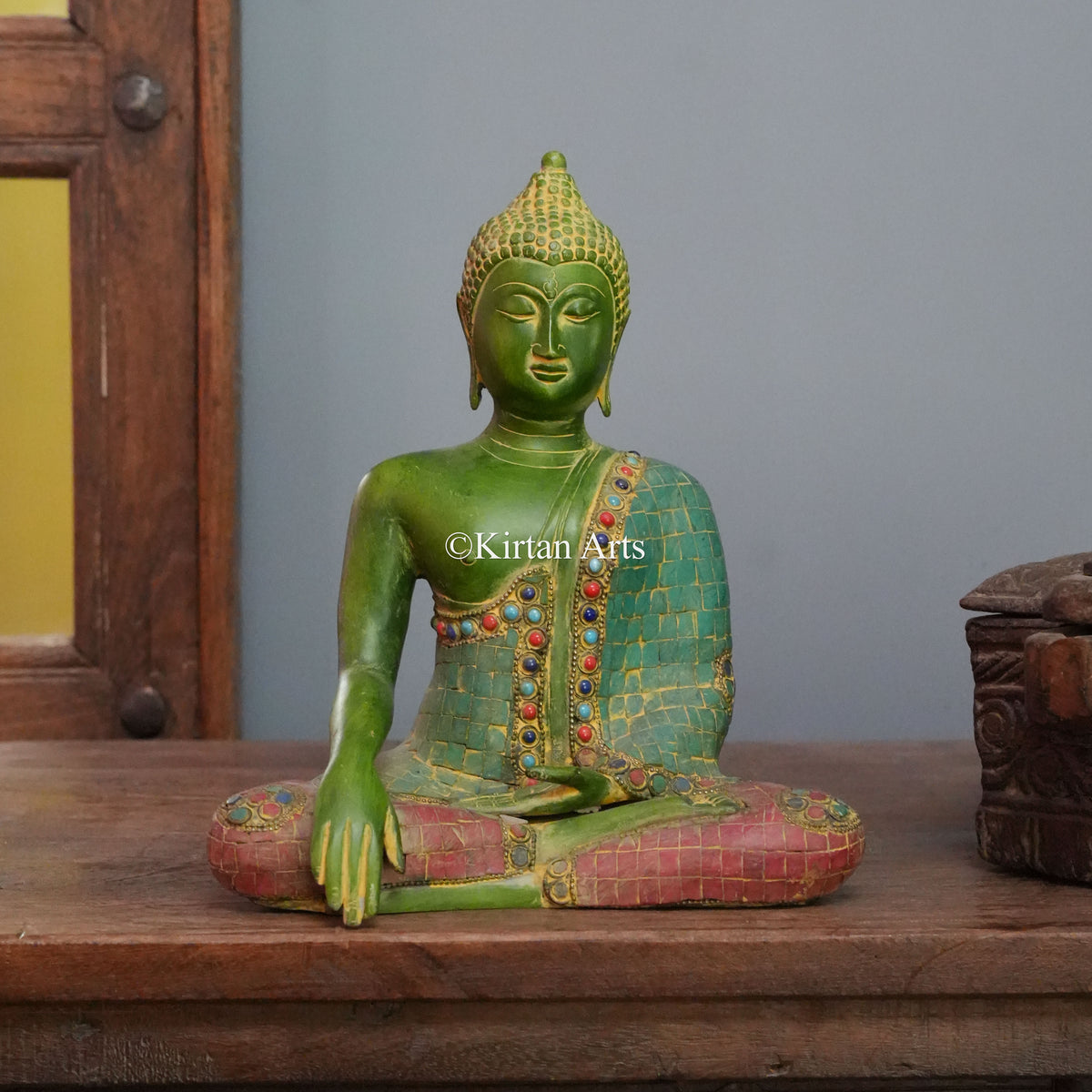 Emerald Green Brass Buddha with Mosaic Robe and Bhumisparsha Mudra 10"