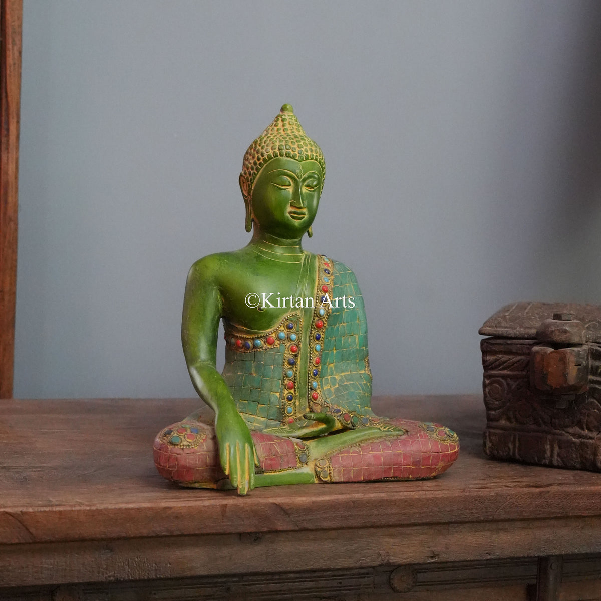 Emerald Green Brass Buddha with Mosaic Robe and Bhumisparsha Mudra 10"