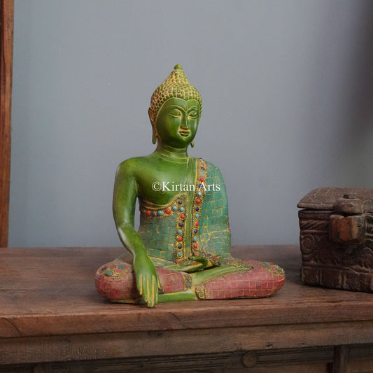 Emerald Green Brass Buddha with Mosaic Robe and Bhumisparsha Mudra 10"