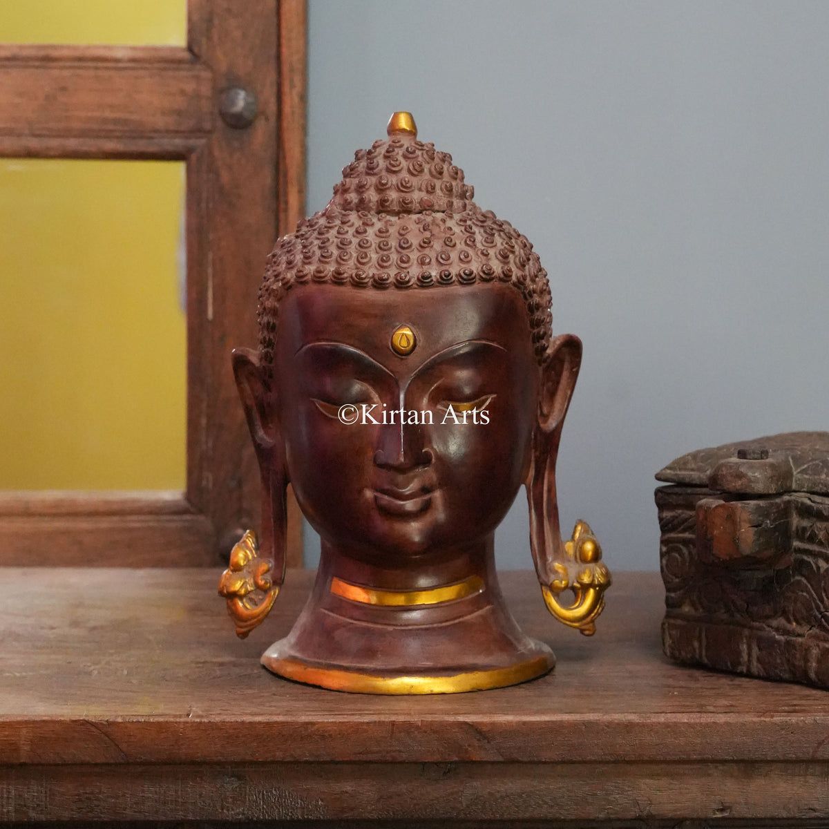 Mahogany Brass Buddha Head with Gilded Ear Ornaments 11"
