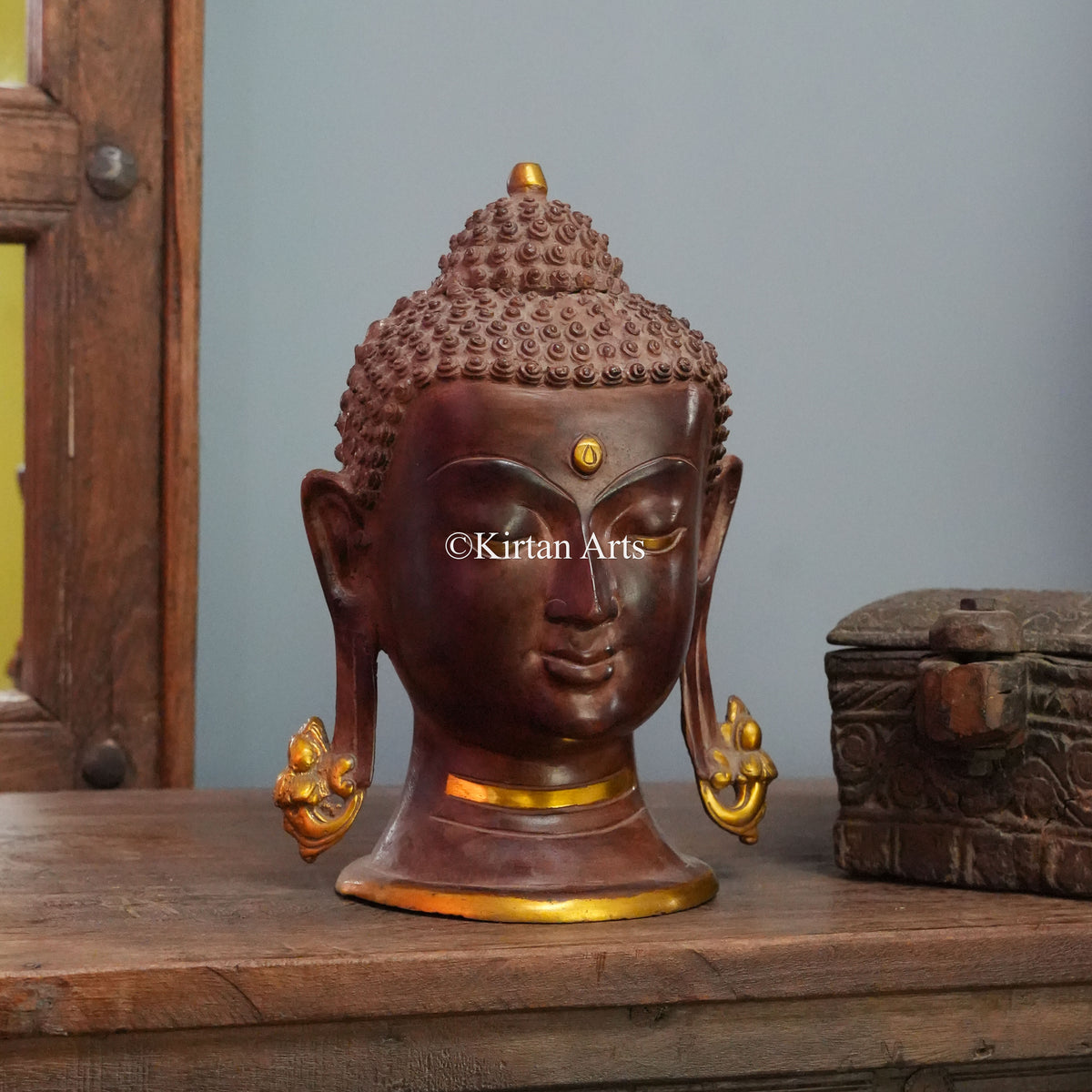 Mahogany Brass Buddha Head with Gilded Ear Ornaments 11"