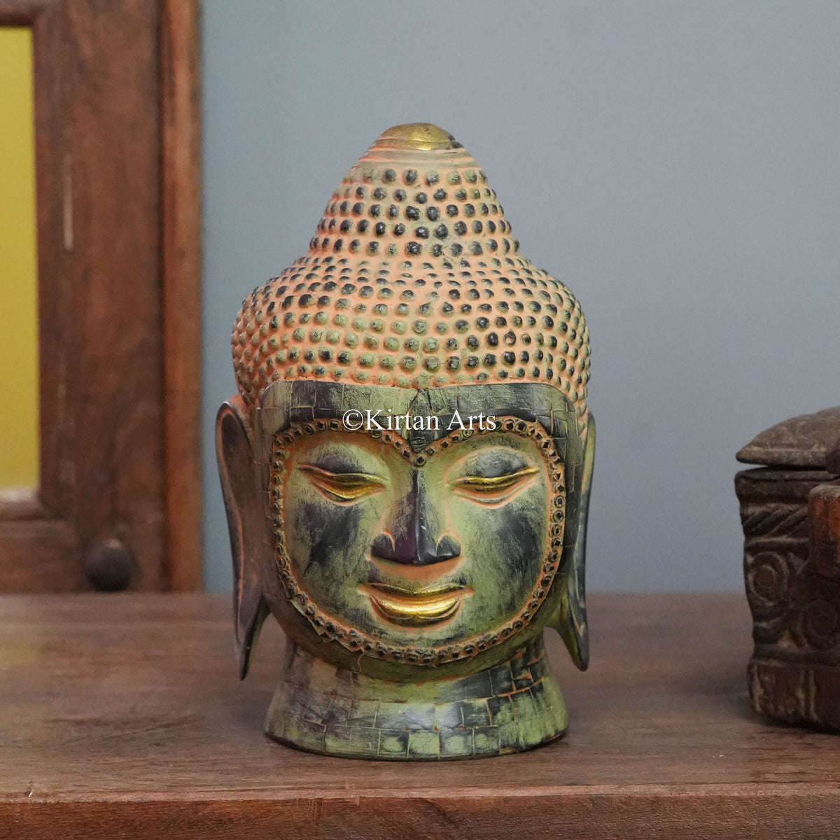Mottled Patina Buddha Head with Beaded Face Border 9"