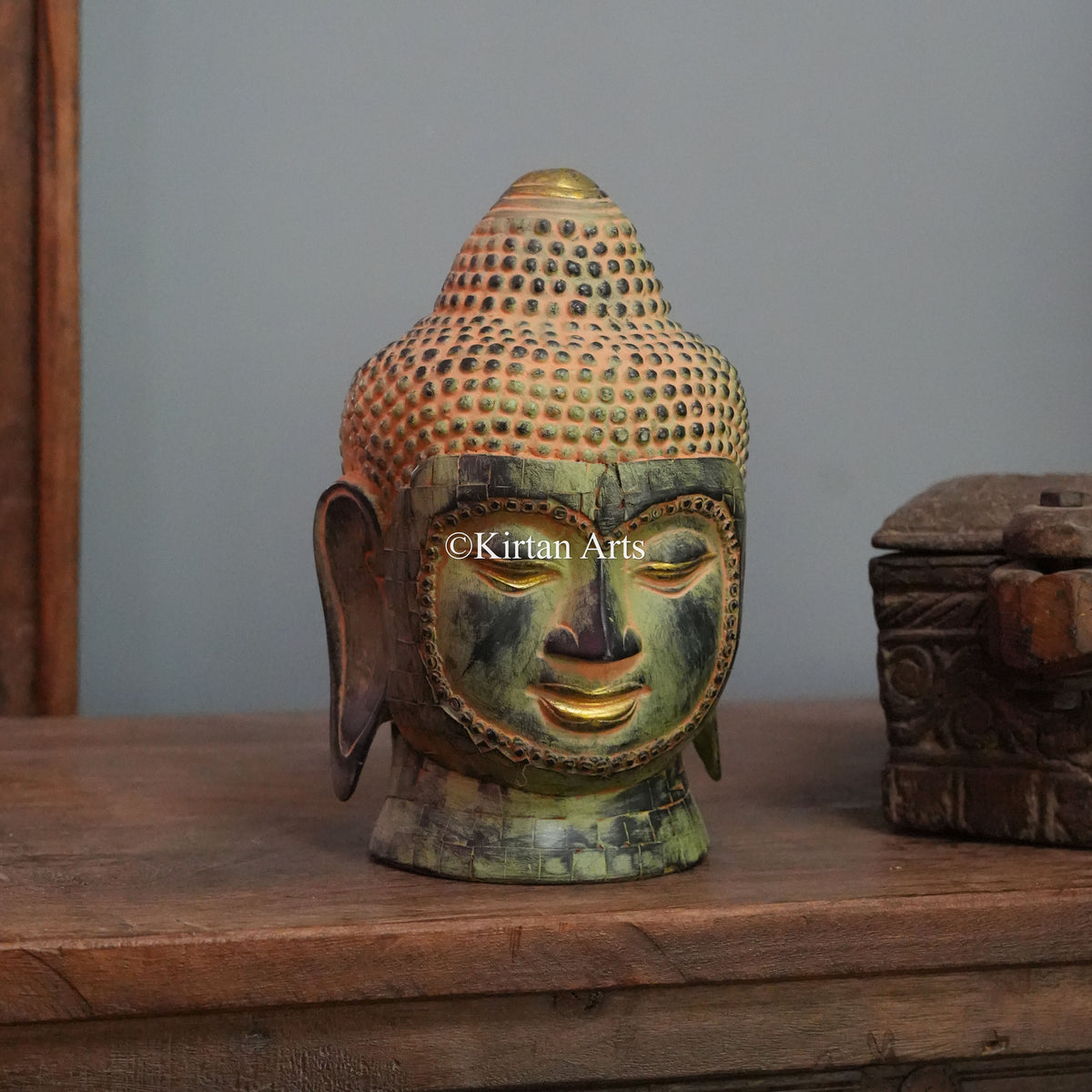 Mottled Patina Buddha Head with Beaded Face Border 9"