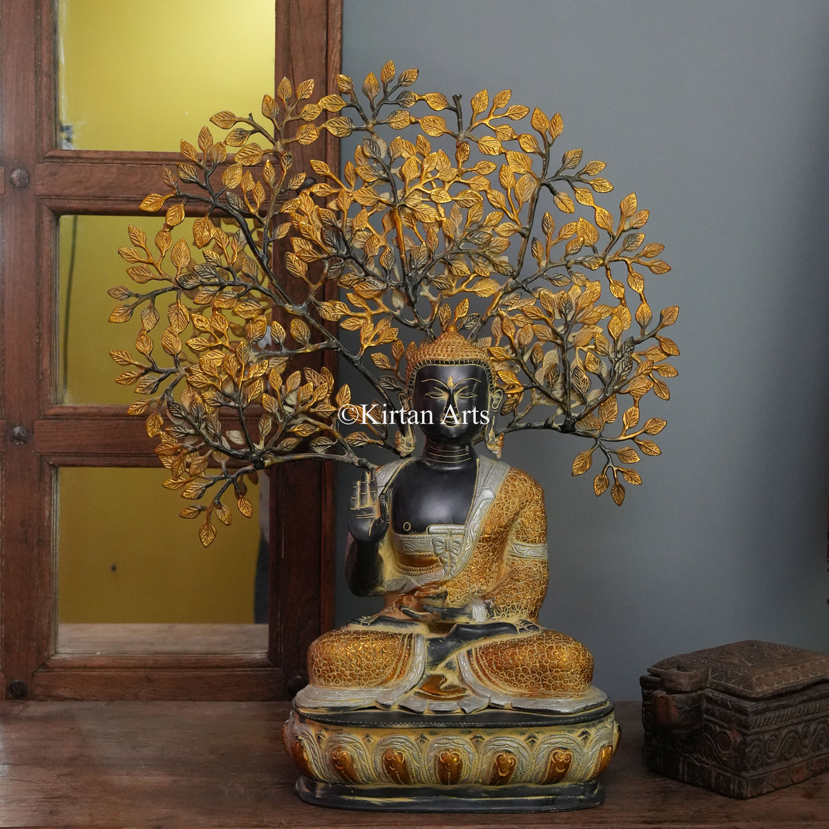 Grand Brass Buddha Beneath the Gilded Bodhi Tree 28"