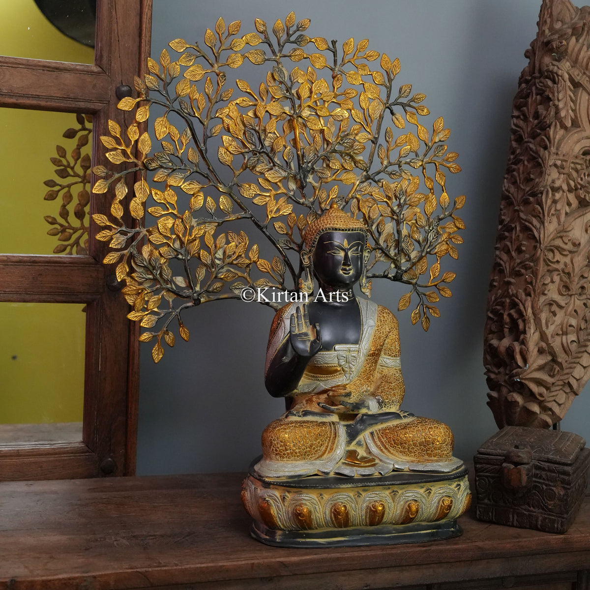 Grand Brass Buddha Beneath the Gilded Bodhi Tree 28"
