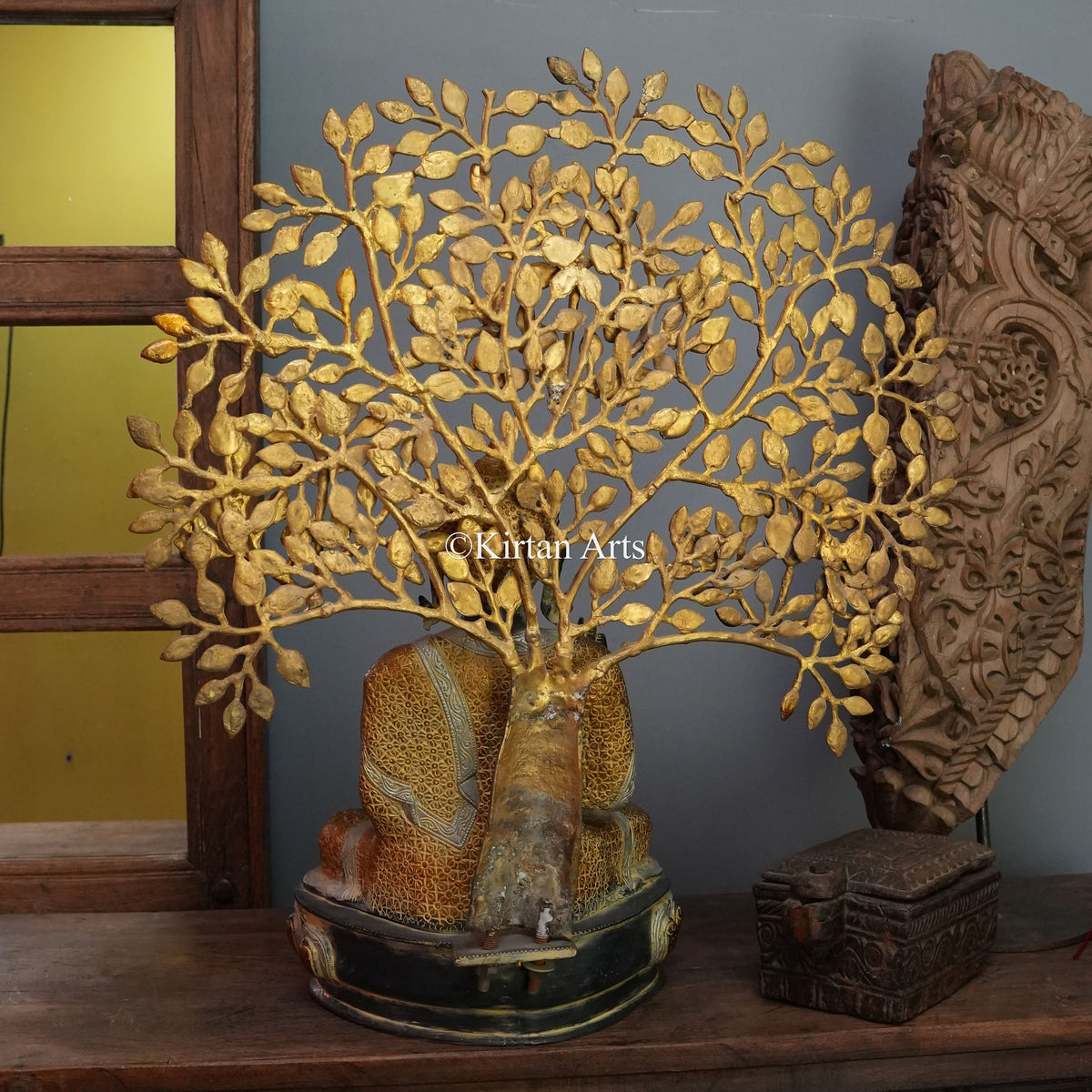Grand Brass Buddha Beneath the Gilded Bodhi Tree 28"