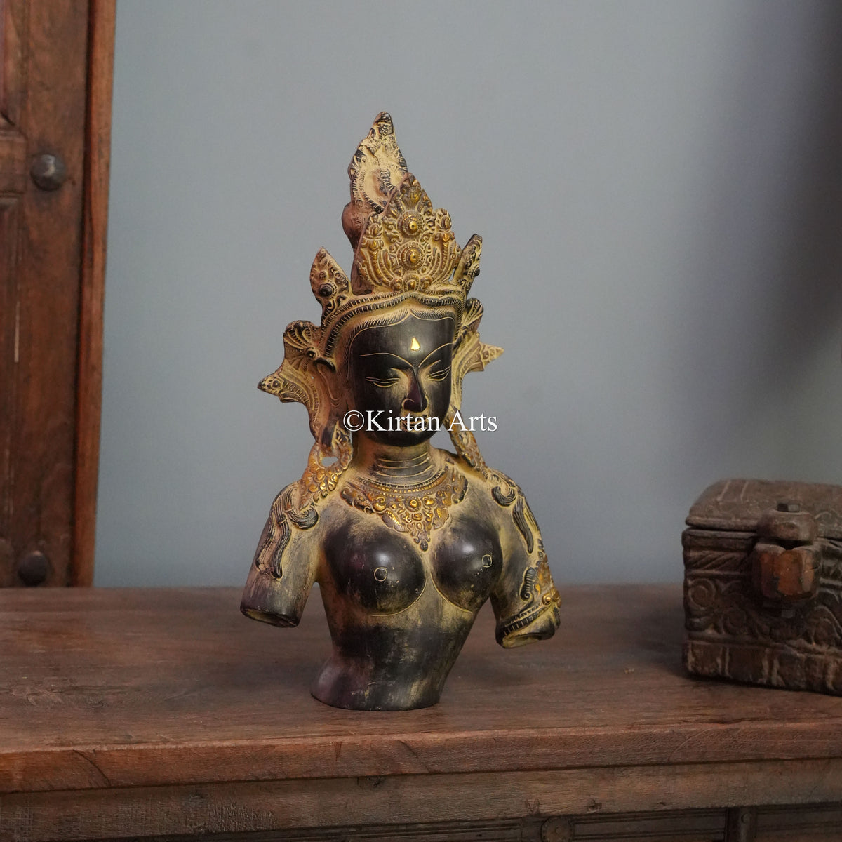 Crowned Brass Tara Bust in Antique Dark Finish 13.5"
