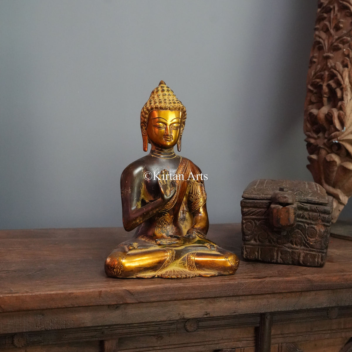 Antique Copper-Gold Brass Buddha with Teaching Mudra