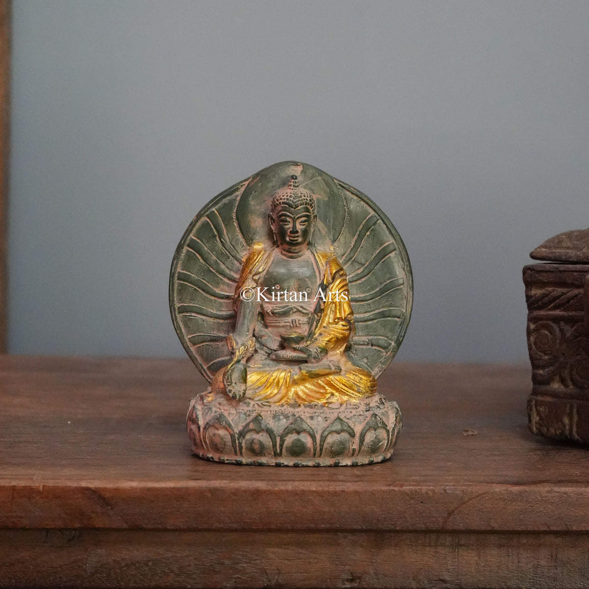 Radiating Halo Brass Buddha with Golden Robe Accents 6"