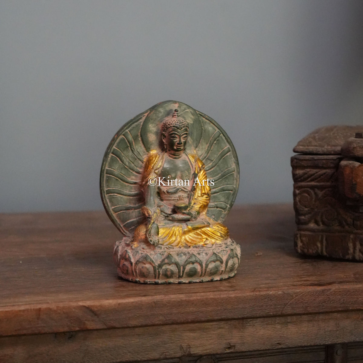 Radiating Halo Brass Buddha with Golden Robe Accents 6"
