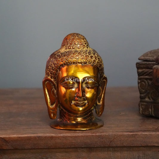 Polished Brass Buddha Head with Ridged Ushnisha