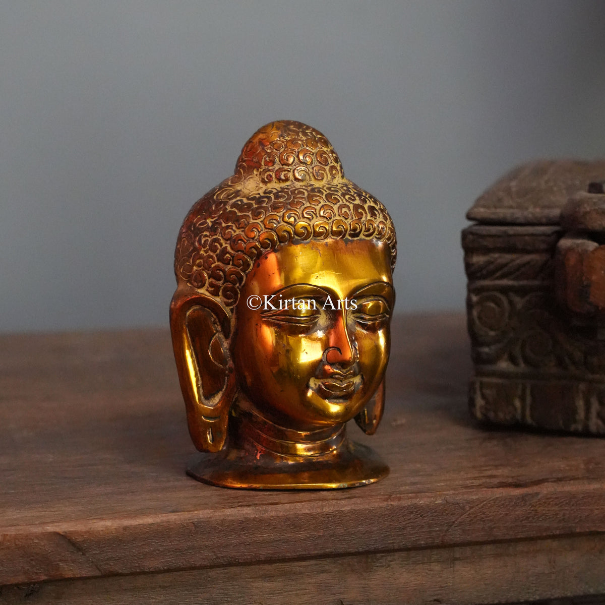 Polished Brass Buddha Head with Ridged Ushnisha