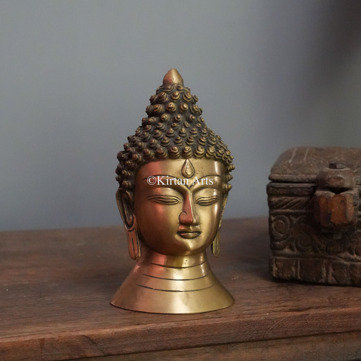 Antique Brass Buddha Head with Pointed Ushnisha 8"