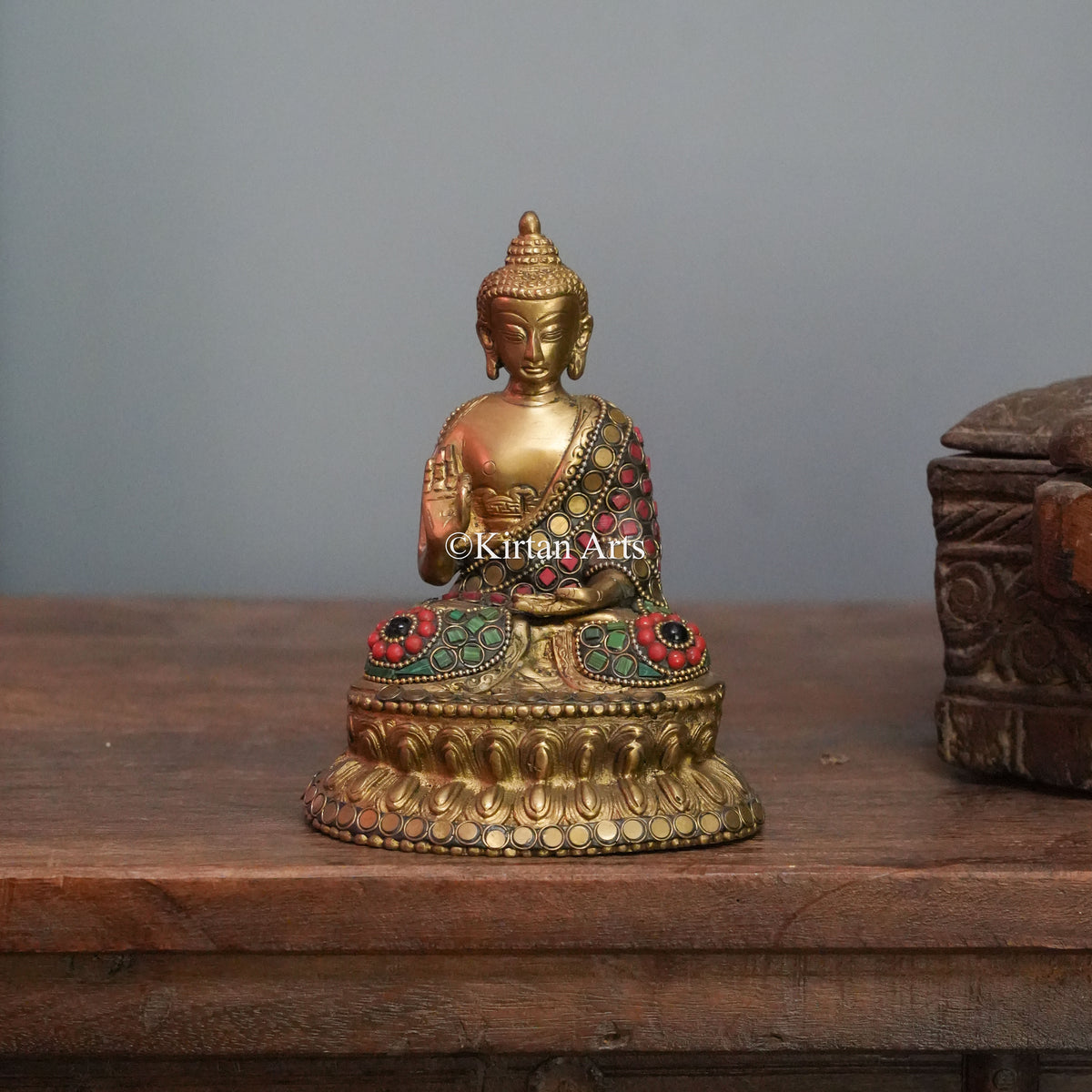 Polished Gold Brass Buddha with Inlay Robe 7"