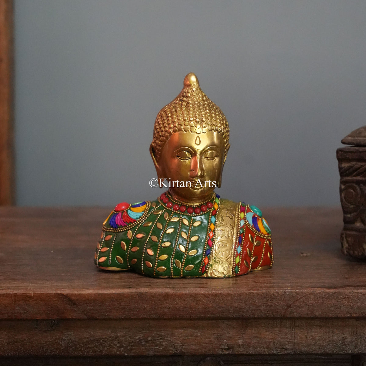 Brass Buddha Bust with Leaf-Motif Robe