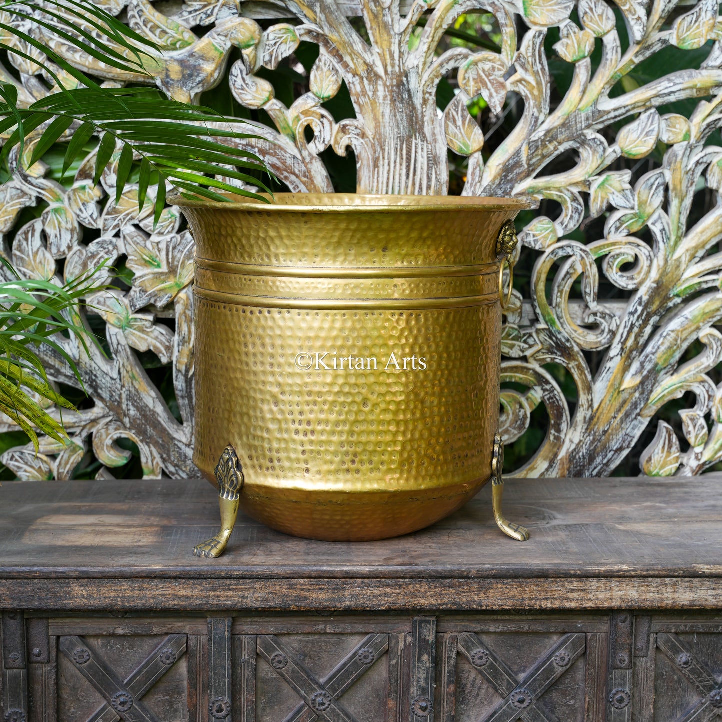 Handcrafted Hammered Brass Planter with Lion Ring Handles 15"