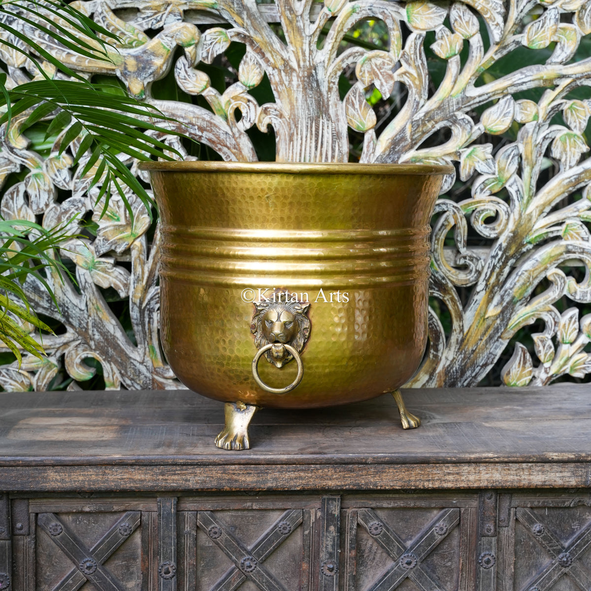 Handcrafted Hammered Solid Brass Lion Planter 16" | Heavy Version