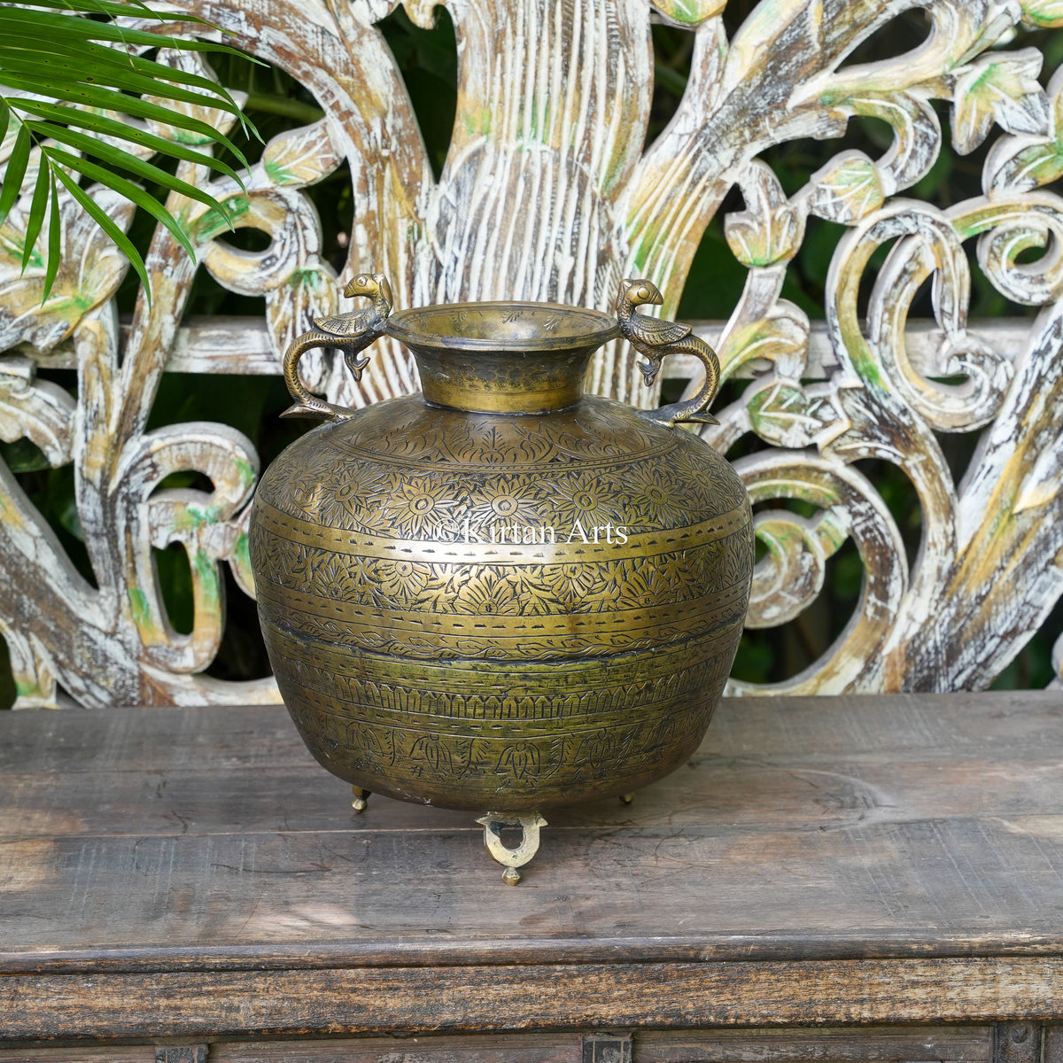 Brass Vintage Carved Planter with Peacock Handles 13"