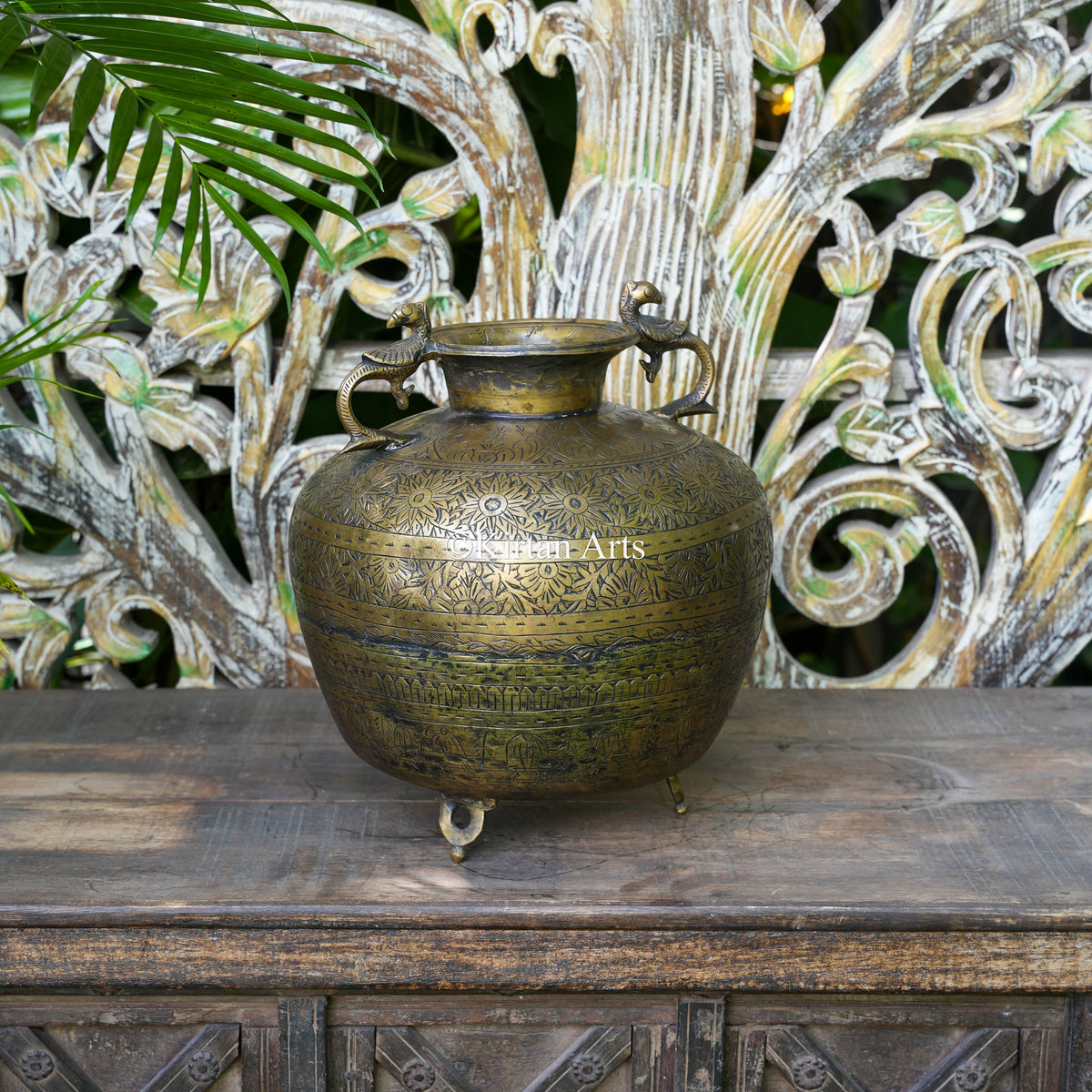 Brass Vintage Carved Planter with Peacock Handles 13"