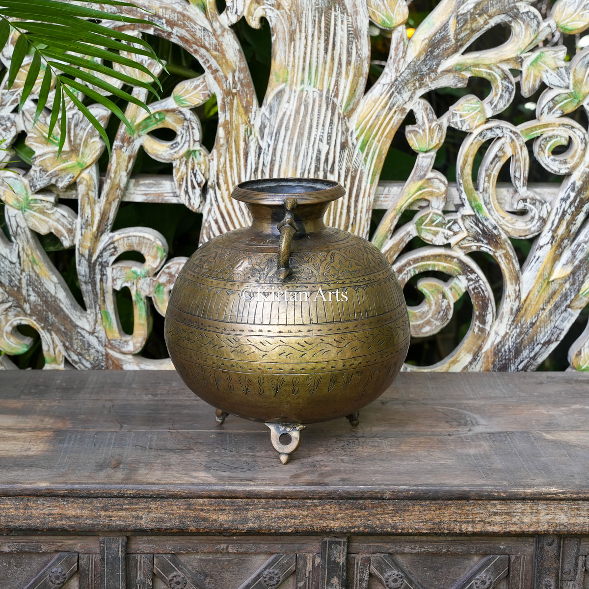 Brass Vintage Carved Planter with Peacock Handles 12"