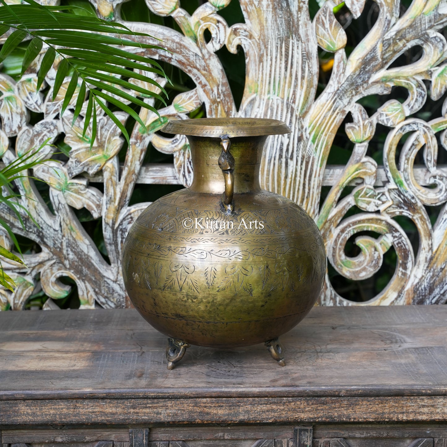 Brass Vintage Carved Amphora Planter with Peacock Handles 14"