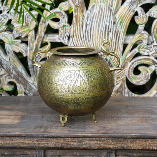 Brass Vintage Carved Planter with Wide Rim and Peacock Handles