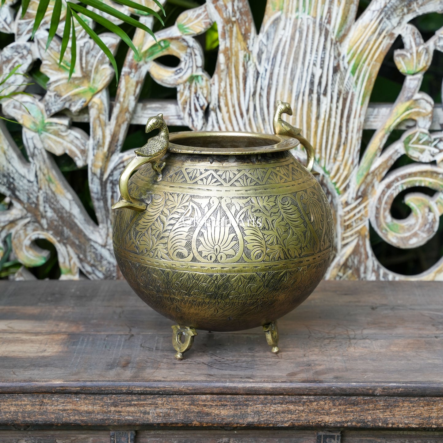 Brass Vintage Carved Planter with Wide Rim and Peacock Handles