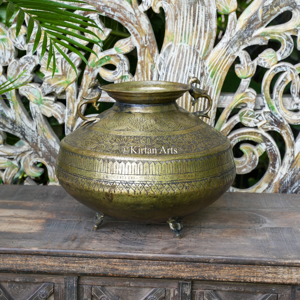 Brass Vintage Carved Wide-Rim Planter with Peacock Handles