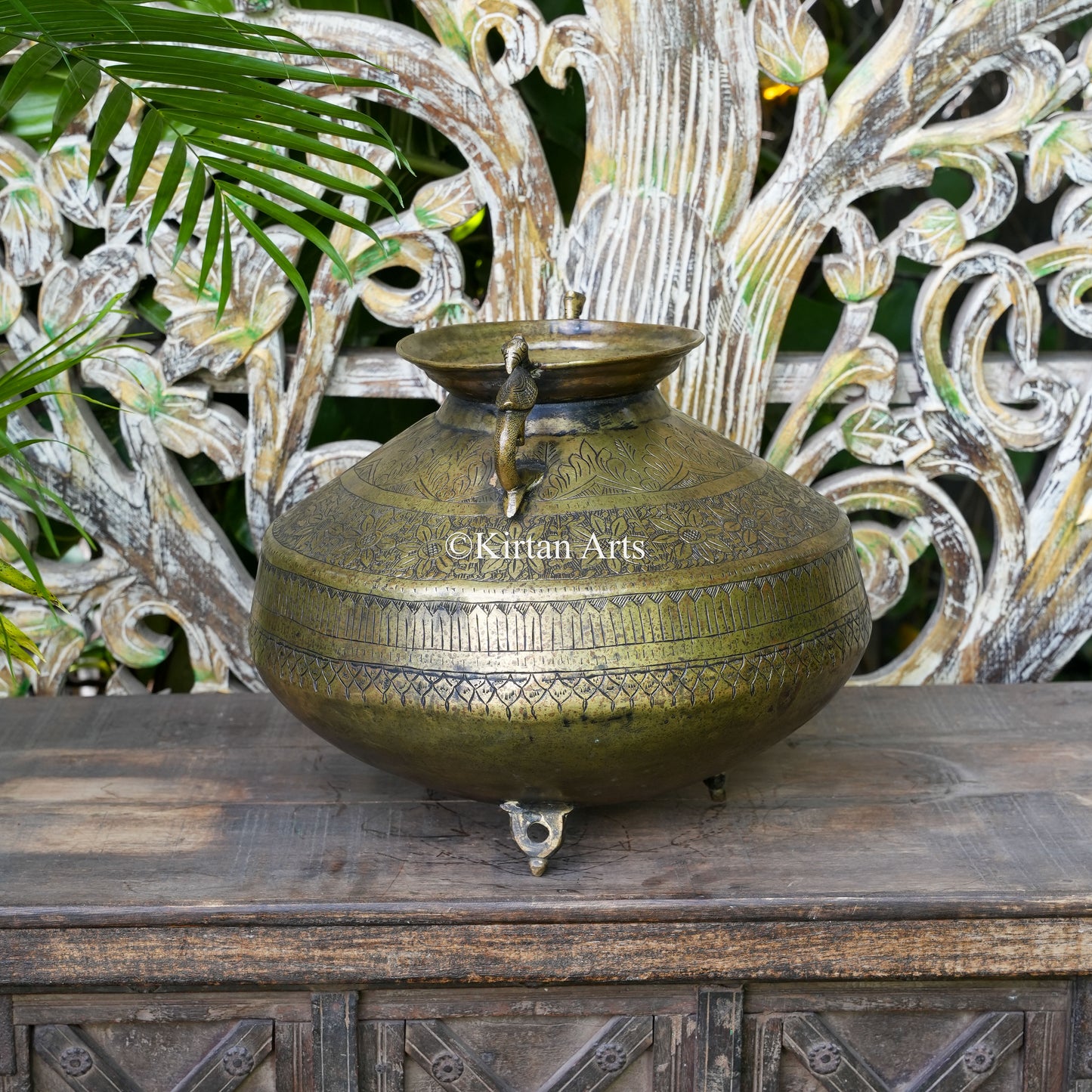 Brass Vintage Carved Wide-Rim Planter with Peacock Handles