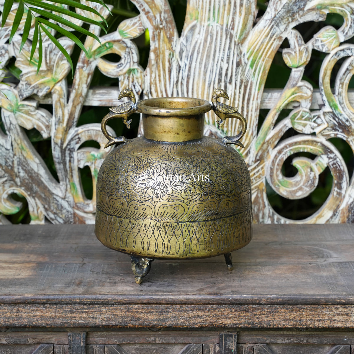 Brass Vintage Carved Drum Planter with Peacock Handles 12"