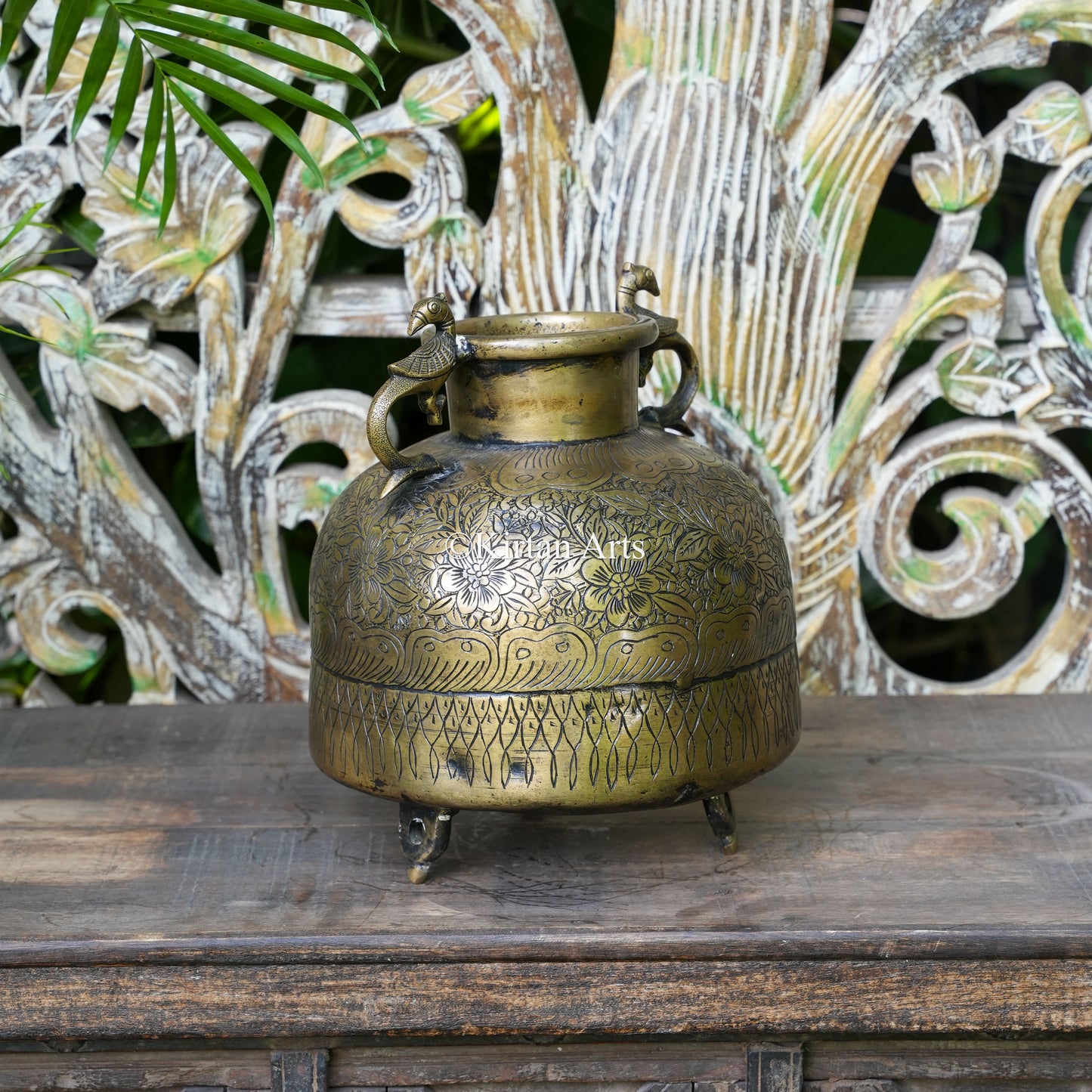 Brass Vintage Carved Drum Planter with Peacock Handles 12"
