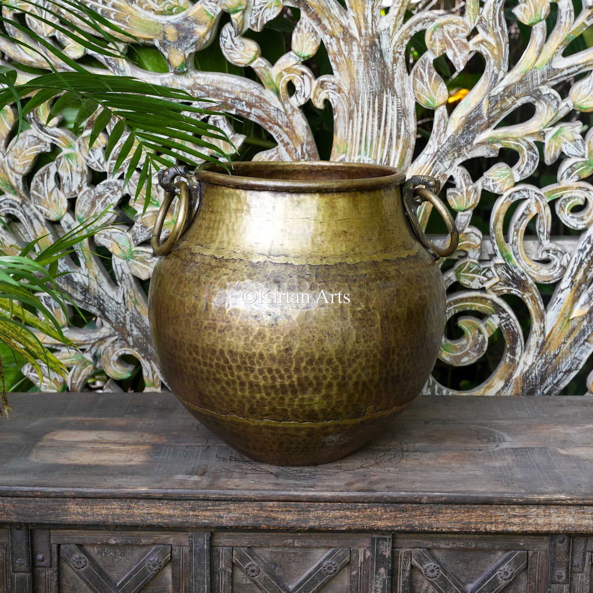 Handcrafted Hammered Brass Pot with Ring Handles 16"
