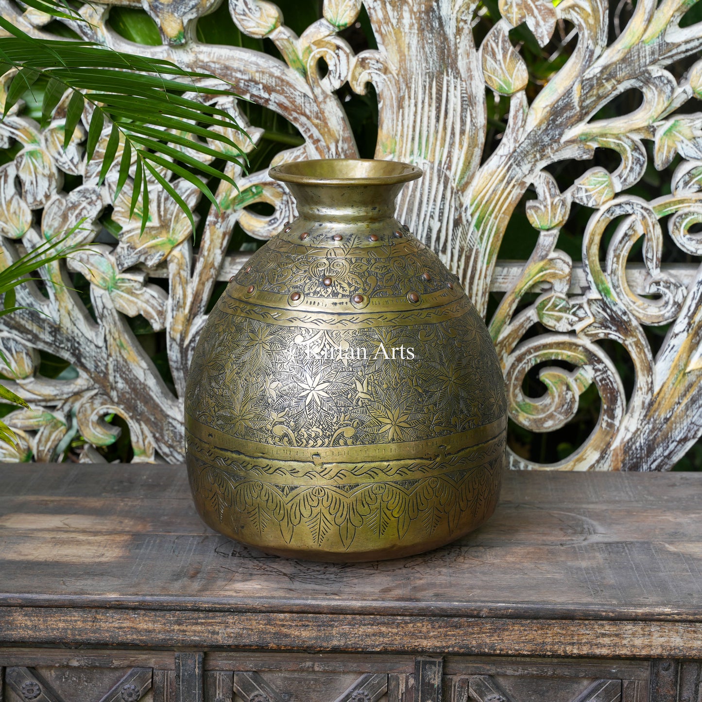Brass Vintage Carved Beehive Planter with Copper Rivets