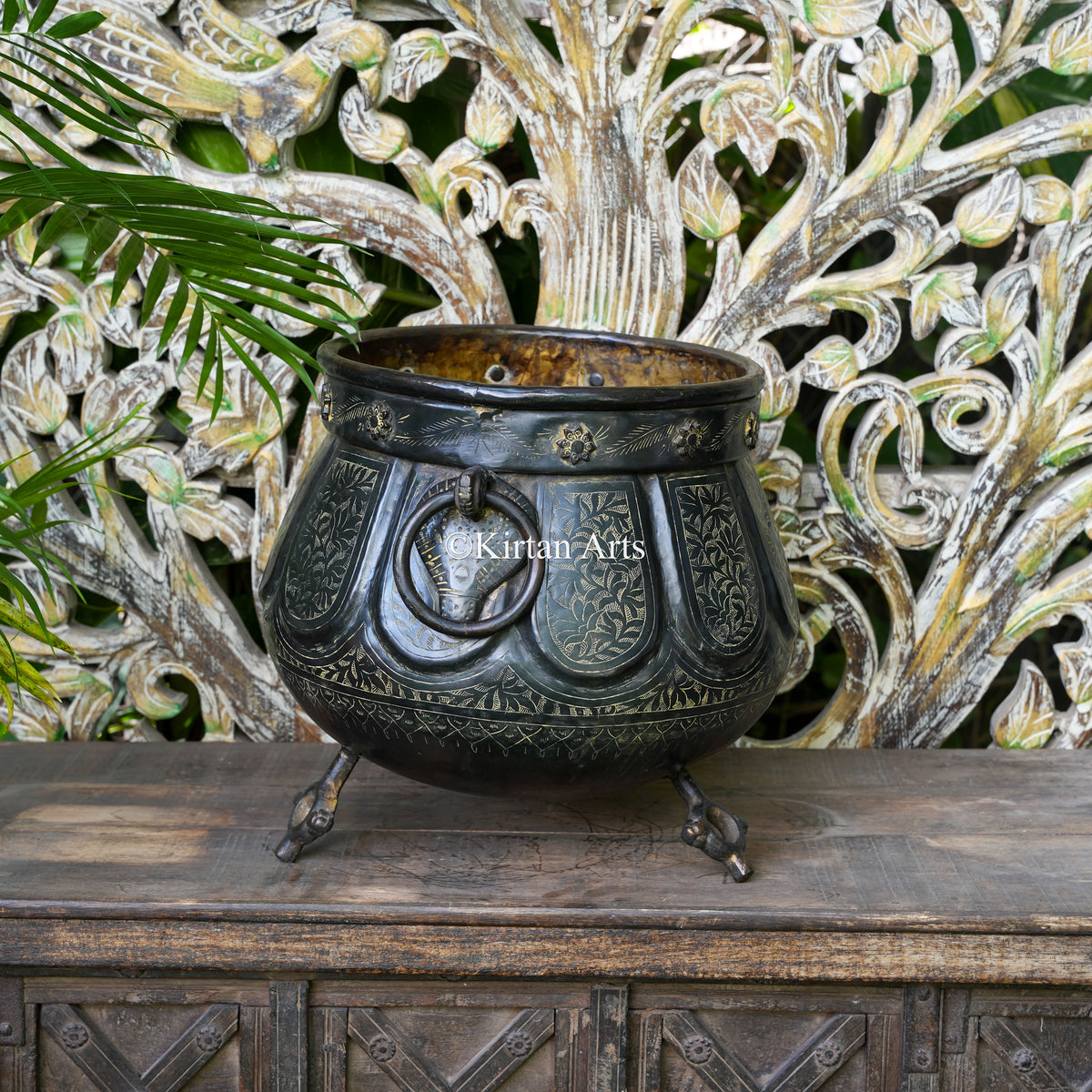 Antique Brass Lobed Planter with Ring Handles 14.5"
