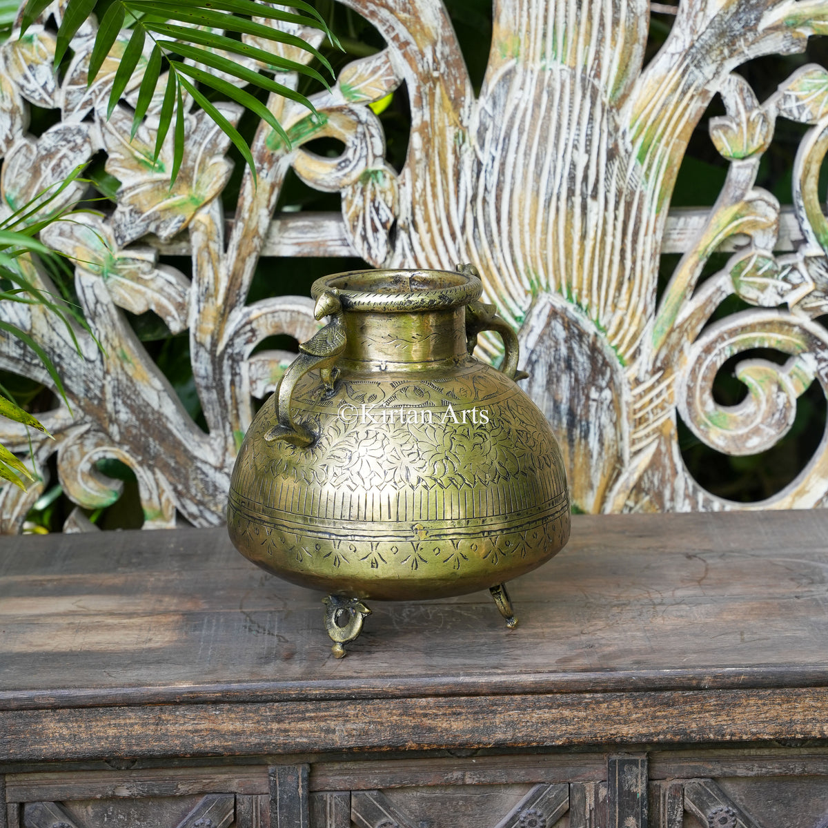 Brass Vintage Carved Mini Planter with Peacock Handles