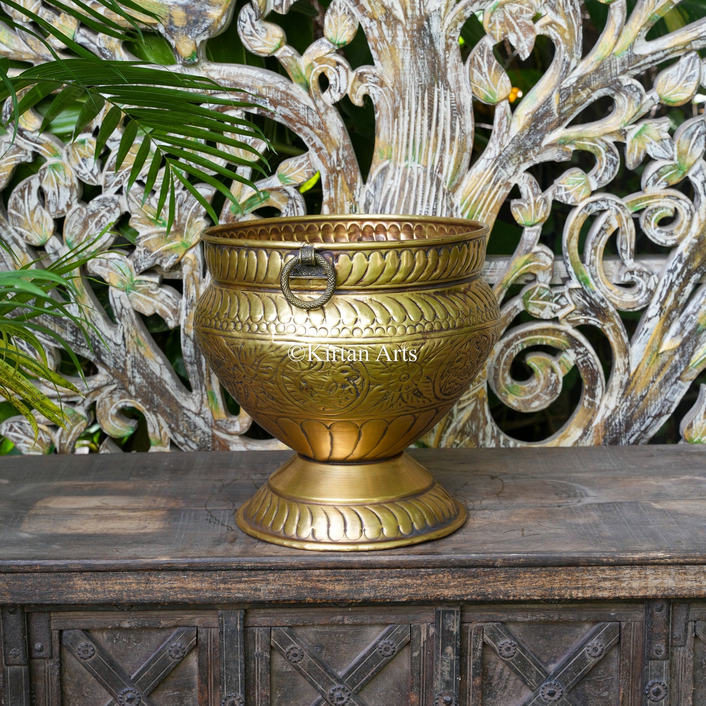 Brass Vintage Carved Pedestal Bowl Planter 13" | Lightweight